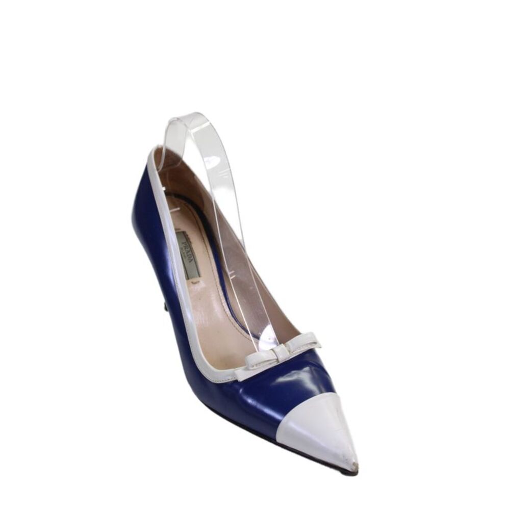 Prada Womens Slip On Stiletto Pointed Toe Bow Pumps Blue White Leather Size 40